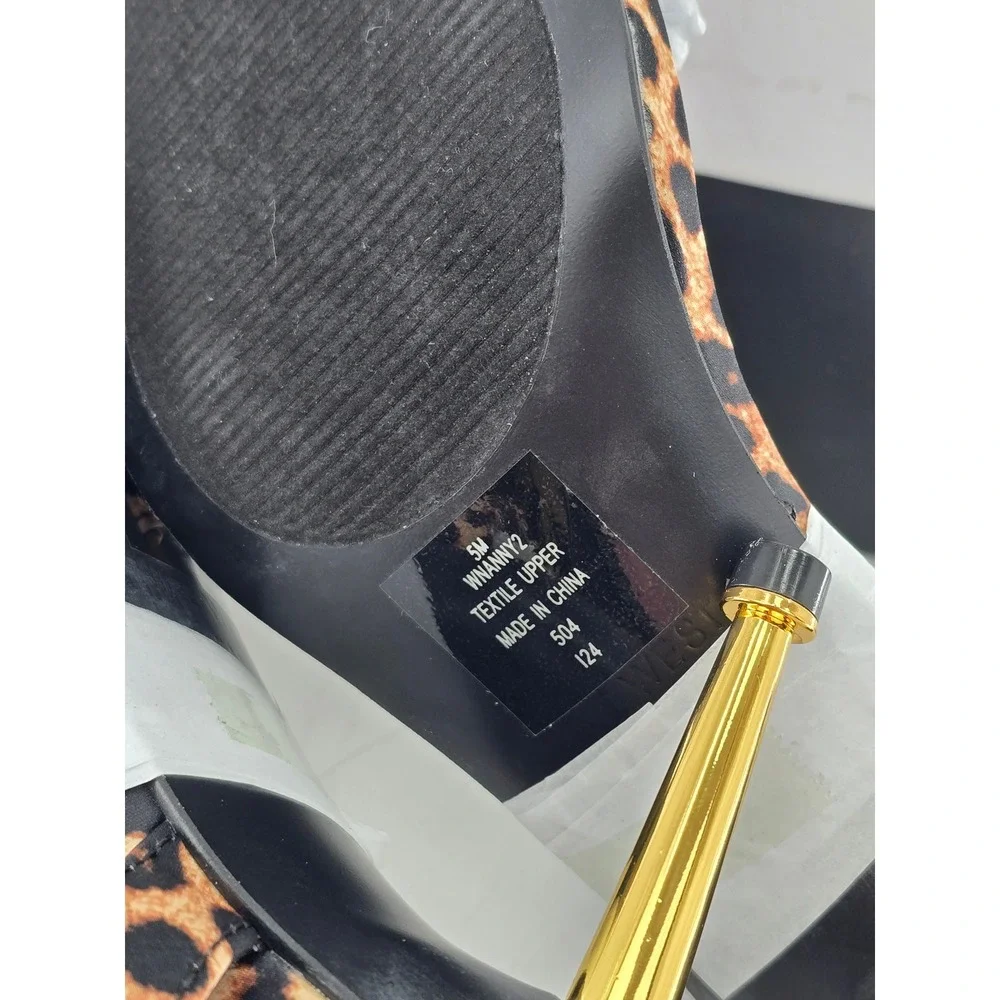 Nine West Anny2 Sandals Womens Size 5M Dark Natural Leopard Print Gold Heel -New